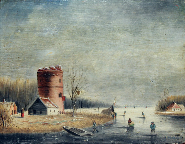 Scorcio di paesaggio olandese con case e figure, olio su tavola, cm 27x21, entro cornice.