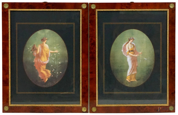 Diana e Flora, coppia di stampe ad assetto ovale raffiguranti, XX secolo, cm 26x20, (difetti)