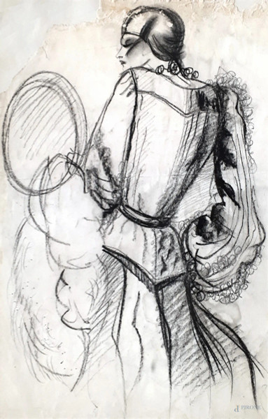 Figura femminile, anni 30, disegno a carboncino su carta, cm 27x42