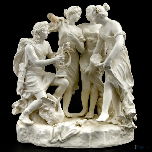 Gruppo in maiolica raffigurante l'Allegoria della Musica, Manifattura di Bassano, XIX secolo, cm 35,5x32x21 (rotture, scheggiature, mancanze e restauri diffusi)