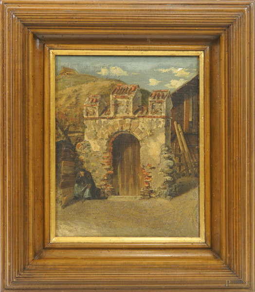 Fuori l'uscio, sec. XIX-XX, olio su tela applicata su tavola, cm 45,5x36, entro cornice (Difetti)