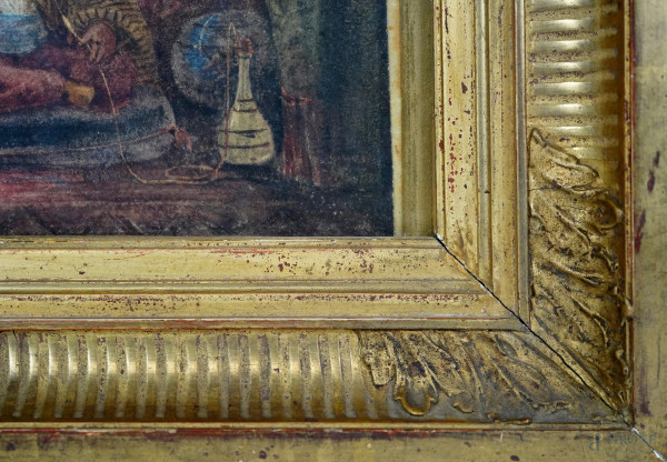 Uomo in abiti tradizionali che fuma il narghilè, acquerello su carta, XX secolo, cm 17x21 entro c...