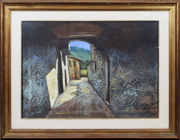 Pietro Vanni - Scorcio di vicolo, olio su tela, cm 70x50, entro cornice