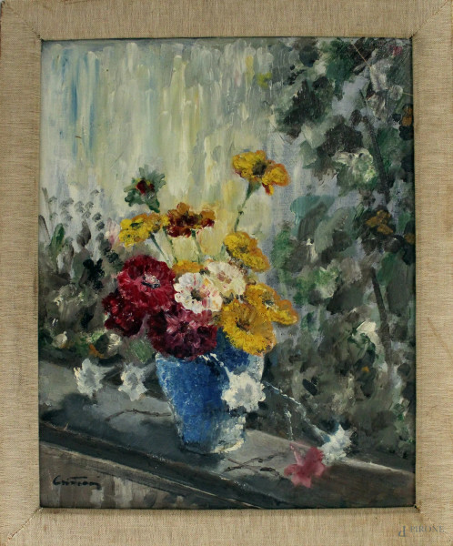 Natura morta, Vaso con fiori, olio su cartone, cm 48x38,  XX sec, firmato Cristanti .