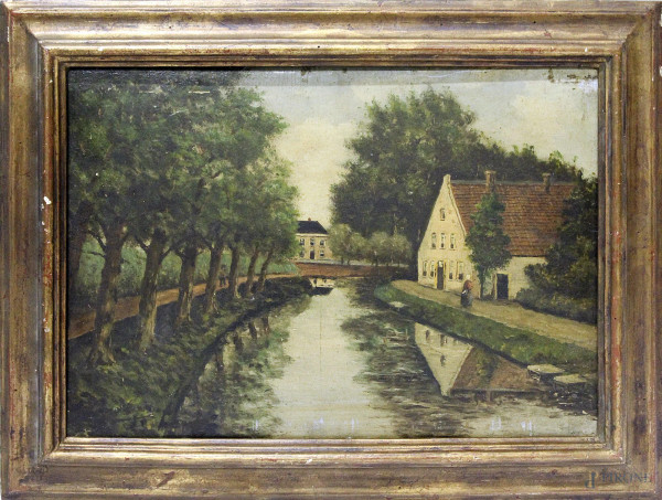 Paesaggio fluviale con case e alberi, olio su tavola 26x37 cm, firmato, entro cornice.