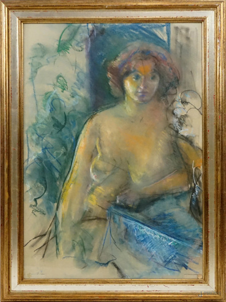 Ritratto di donna, tecnica mista su carta, cm 100x70, siglato a tergo, entro cornice