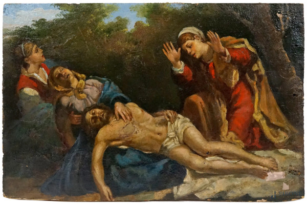 Compianto sul Cristo morto, olio su tavoletta, cm 28,5x44, firmato a tergo, (difetti)