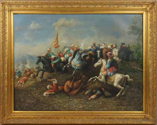 Scena di battaglia, olio su tela, cm 90x120, XX secolo, entro cornice.