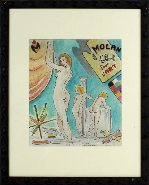 Nudo di donne, tecnica mista su carta, cm 28x23, firmato e datato Georges Barbier 1922, entro cornice.