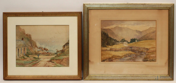 Lotto composto da due acquarelli, raffiguranti paesaggi montano e marino, cm 22 x 30.