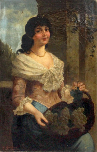 Donna con l'uva, olio su tela, cm 106x69, XIX secolo (difetti sulla tela).