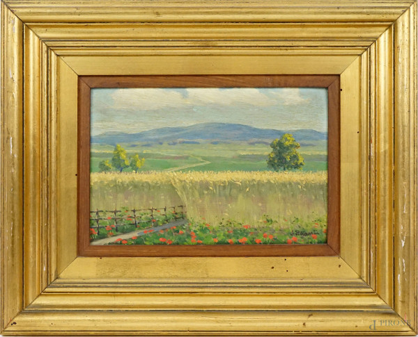 Luigi Petrassi - Campo di grano, olio su compensato, cm 15x23 circa, entro cornice.