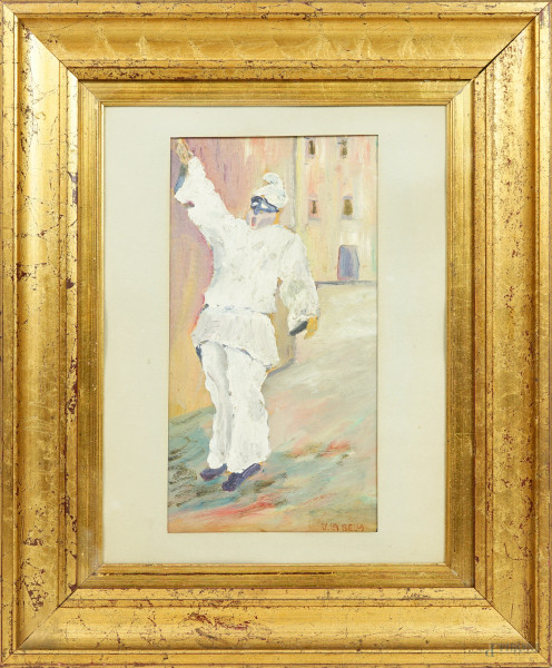 Pulcinella, olio su cartone, firmato, cm 33x17,5, entro cornice