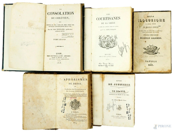 Lotto di cinque volumi del XIX secolo, autori ed edizioni diverse, (difetti)