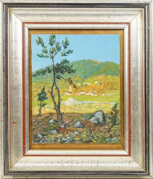 Prestinone in autunno, olio su tavola, firmato S. Ferraris, cm 25x20, entro cornice