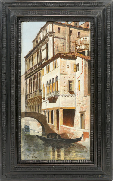 Canale di Venezia, olio su cartone, cm 60x29, firmato, entro cornice. (Difetti)