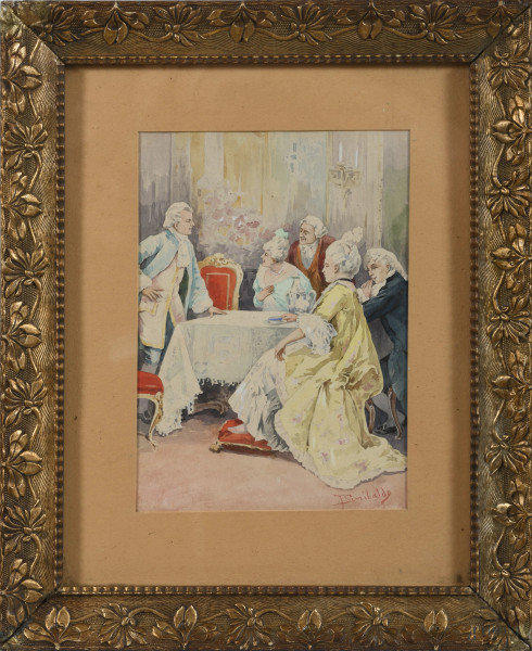 Scena settecentesca, XX secolo, acquerello su carta, 29,5x23 compreso passepartout, firmato in basso a destra, entro cornice (lieve ondulazione della carta)