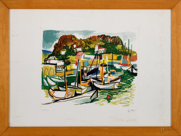 Renato Guttuso (Bagheria, 1911 – Roma, 1987), Porticciolo, litografia, cm 49x68,5 entro cornice, firmato in basso a destra, esemplare 29/30