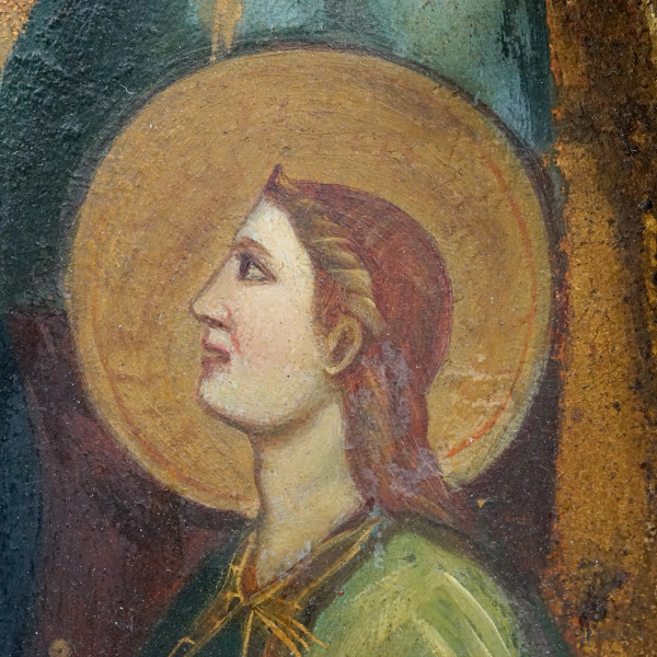 Pittore del XIX-XX secolo, Madonna con il Bambino e santi, olio su tavola, cm 68x36,5 (difetti)