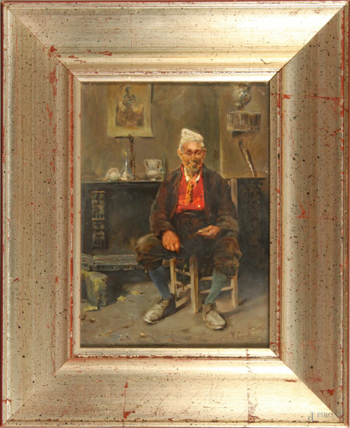 Interno con anziano, olio su tavola, cm. 35x25, firmato V. Caprile, entro cornice.