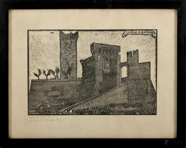 Bruno da Osimo (1888-1962), Castello di Montefiore, xilografia, cm 27x35, firmata e dedicata, entro cornice, (difetti)
