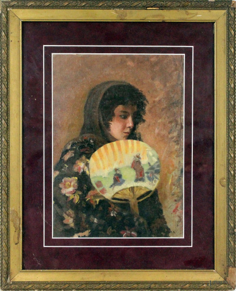 Ritratto di ragazza con ventaglio, olio su cartone, cm 35,5x25, firmato, entro cornice