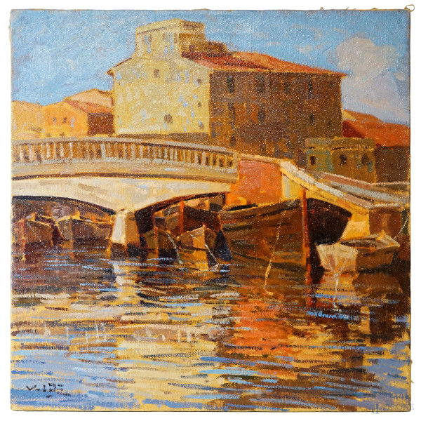 Angiolo Volpe - Navicelli in Venezia, olio su tela, cm 60x60