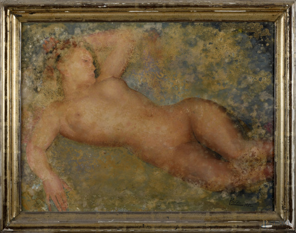 Nudo di donna, XX secolo, tecnica mista su tela, firmato e datato in basso a destra, cm60,5x79,5, entro cornice