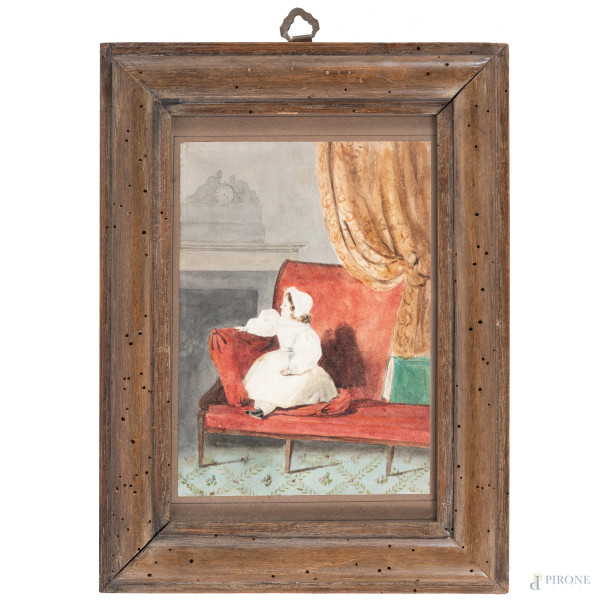 Bambina sul divano, XIX secolo, tecnica mista su carta applicata su carta, cm 17x12,5, entro cornice, (ondulazioni del supporto)