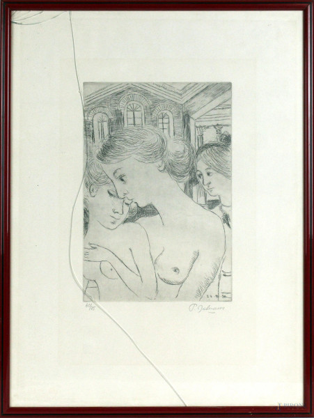 Paul Delvaux - Senza titolo, litografia, esemplare 60/75, cm 53x39, entro cornice, (vetro rotto)