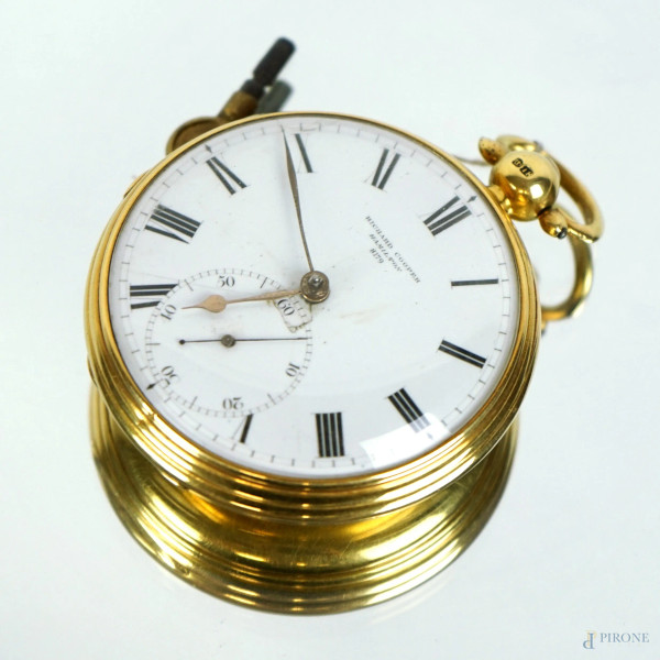 Richard Hamilton, orologio da tasca in oro 18 kt con quadrante smaltato (recante difetti, da revisionare), diam. cm 5,4