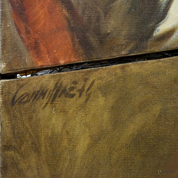 Operai, olio su tela, firmato e datato in alto a destra, cm 121.8x81.5