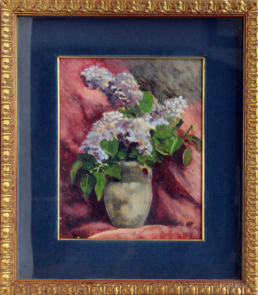 Luigi Surdi - Vaso con fiori, olio su legno, cm 24 x 19, entro cornice.
