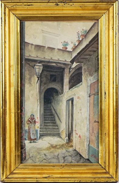 Portico con popolana, acquarello su carta, cm 30x16,5, XX secolo.