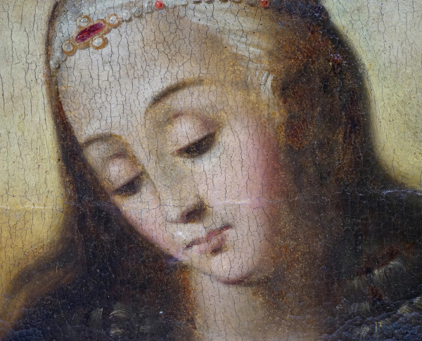 Vergine, XVII secolo, olio su tavola, cm 44x39,5 (difetti)