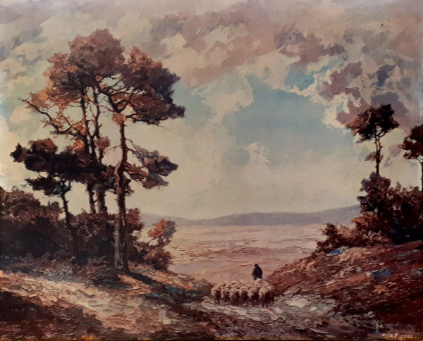 Paesaggio con pastore e gregge, collotipia su faesite con finitura materica a rilievo degli anni 50, cm 47x59