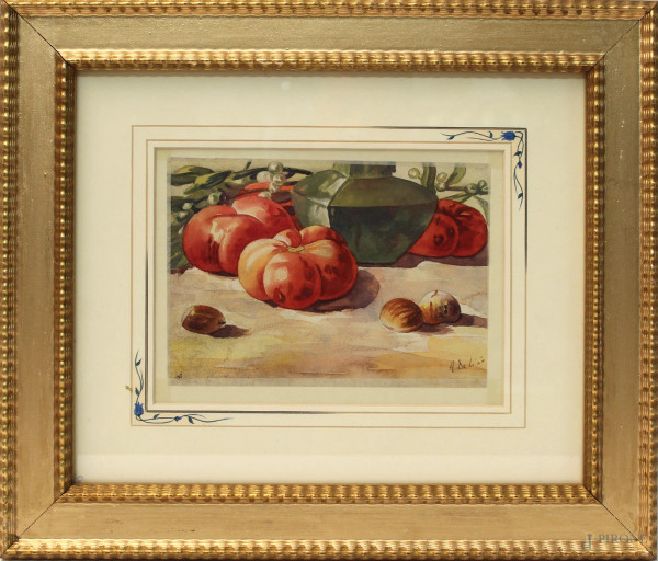 Dipinto double face raffigurante nature morte, frutta, acquarello su carta, cm 15,5x21,5, firmato A. De Lisio, entro cornice.