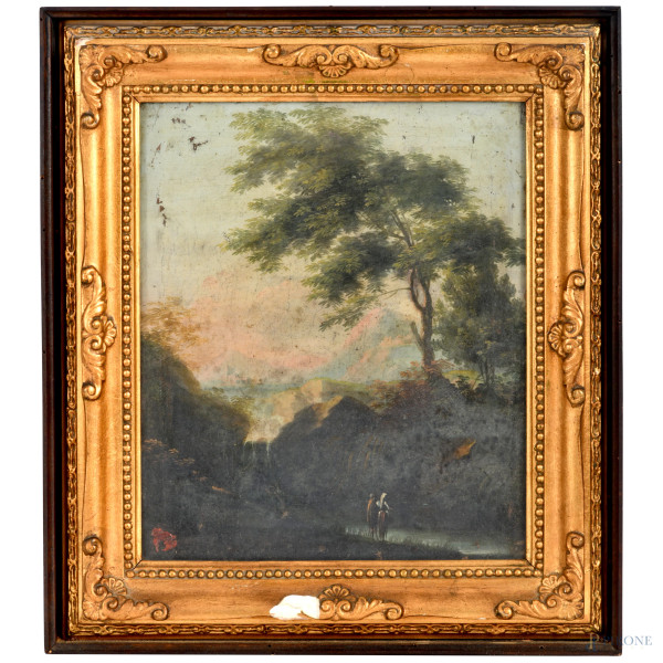 Paesaggio con figure, XIX secolo, olio su tela, cm 35,5x29,5, entro cornice, (cadute di colore, sollevamenti di colore, segni di piegatura della tela)