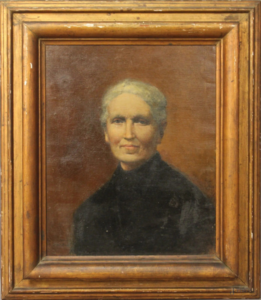 Ritratto di anziana, olio su tela, cm. 62x51, XIX sec, entro cornice.