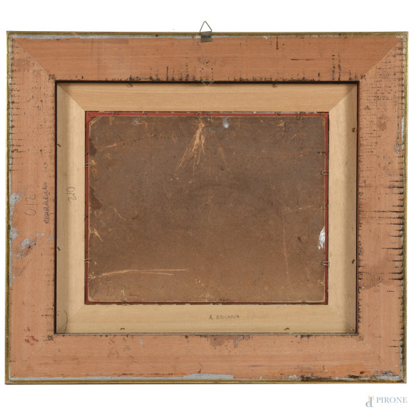 Spiaggia con barche, XX secolo, olio su cartone, cm 25x31,5, siglato in basso a destra, entro cor...