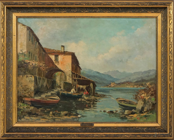 Ercole Magrotti - Paesaggio lacustre, olio su tela, cm 60x80, entro cornice
