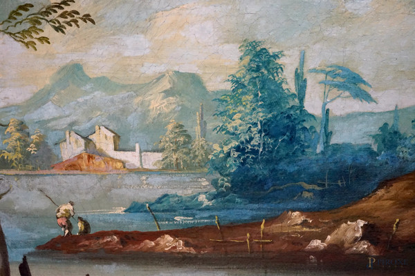 Pittore veneziano del XIX-XX secolo, quattro paesaggi con figure, olio su tela, cm 79,5x94, entro...