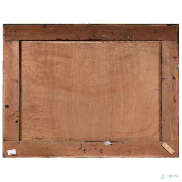 Carro con buoi, XX secolo, olio su compensato, cm 70x100,5, firmato in basso a destra, entro corn...