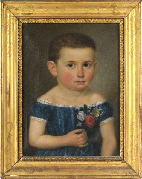 Ritratto di bambina con fiori in mano, olio su tela, cm 36x26, XIX secolo, entro cornice