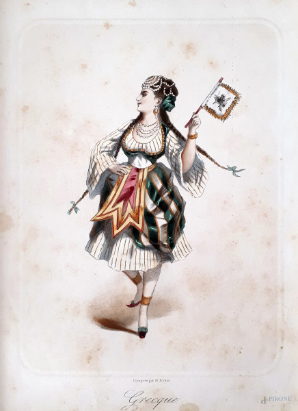 Danzatrice in costume tradizionale, cromolitografia su carta, cm 31x23, XIX secolo.