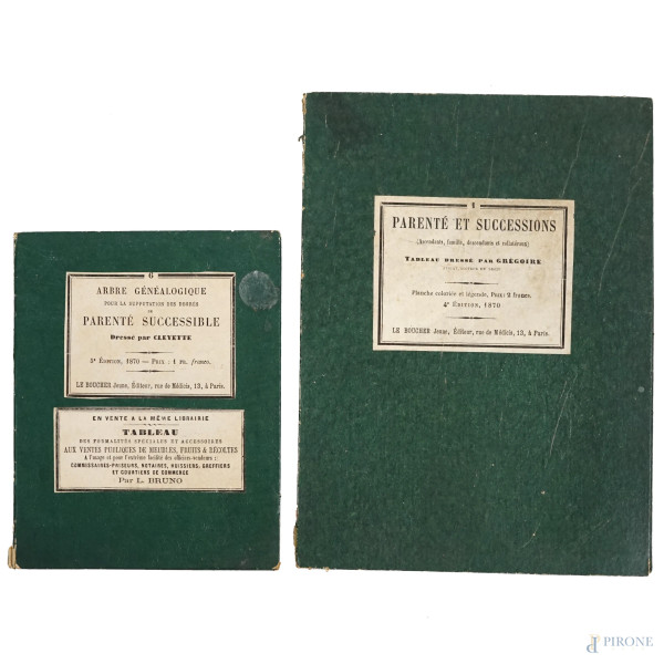 Lotto di due libri: Arbre généalogique pour la supputation des degrés de parenté successible, 5° Edition, Le Boucher Jeune, 1870; Parenté et successions, 4° Edition, Le Boucher Jeune, 1870