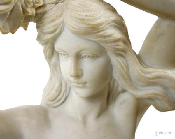 Scultura in marmo rappresentante una fanciulla con fiori, firmato E. Morillon, altezza cm 90