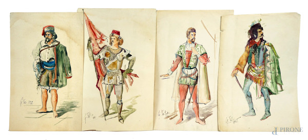 Soldati, lotto di quattro disegni a tecnica mista su carta, cm 32x20,5, firmati e datati, (lievi difetti).