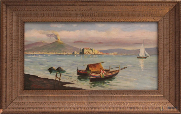 Costiera napoletana, olio su tavola, cm. 20 x 38, firmato, entro cornice.