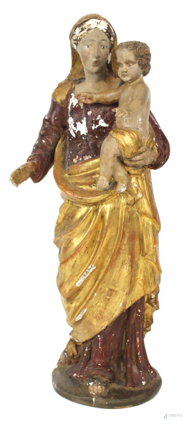 Madonna con bambino, scultura in legno intagliato, dorato e dipinto, cm h 47, XIX secolo, (difetti).